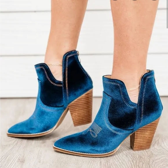Corkys Shoes - Corkys Smoke Show Teal Blue Velvet Western Block Heel Ankle Boots